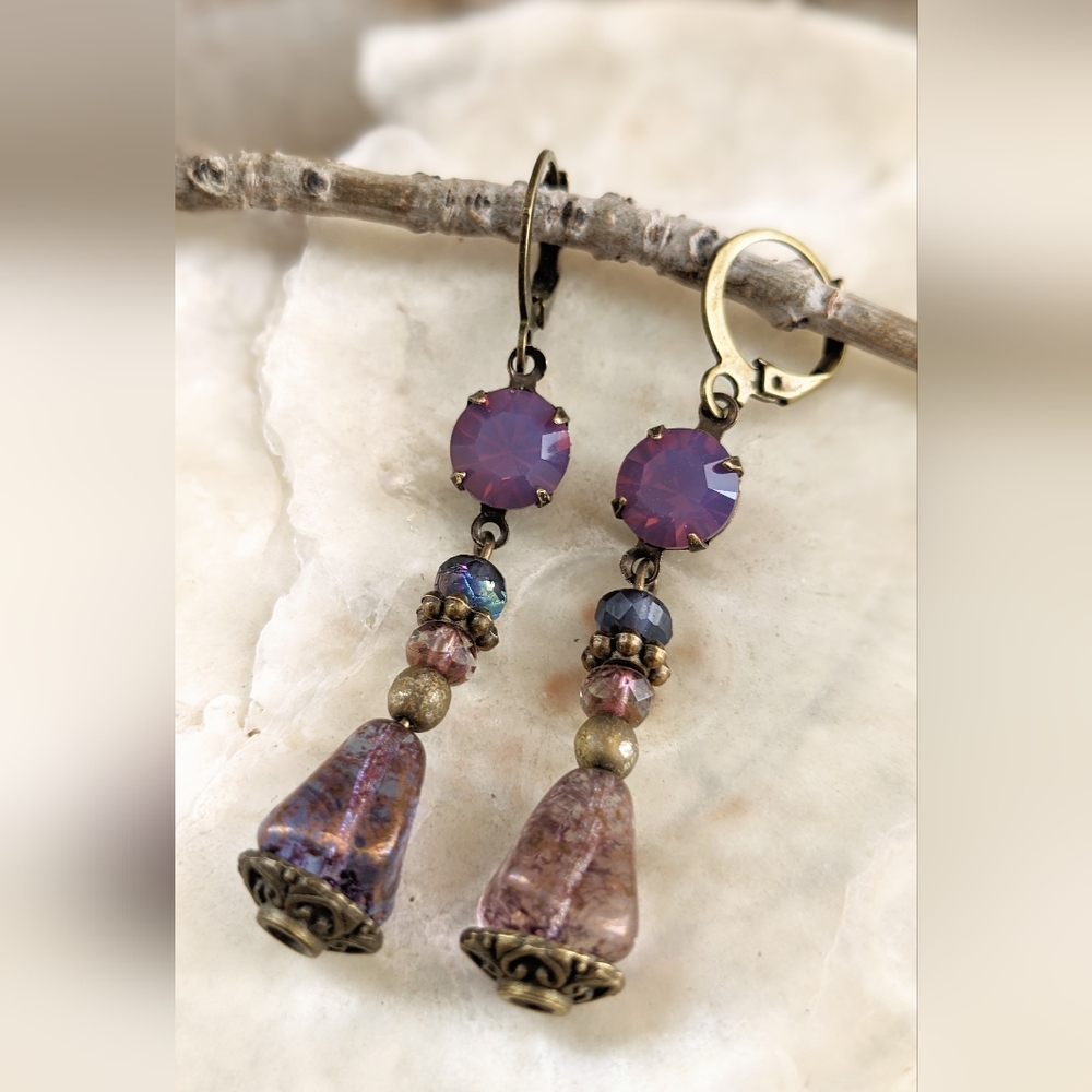 Victorian Purple Amethyst Opal Crystal & Glass Drop Earrings In Brass - Picture 2 of 6